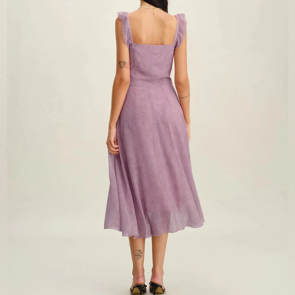 Rihoas Purple Floral Square Neck Ruffle Slip Midi Dress - Picture 8 of 10